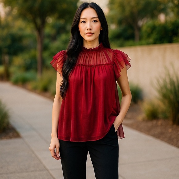 ON 34TH RED RUFFLE TULLE SHEER BABY DOLL FLUTTER SLEEVE DRESSY TOP/BLOUSE SZ 0X - Picture 13 of 13